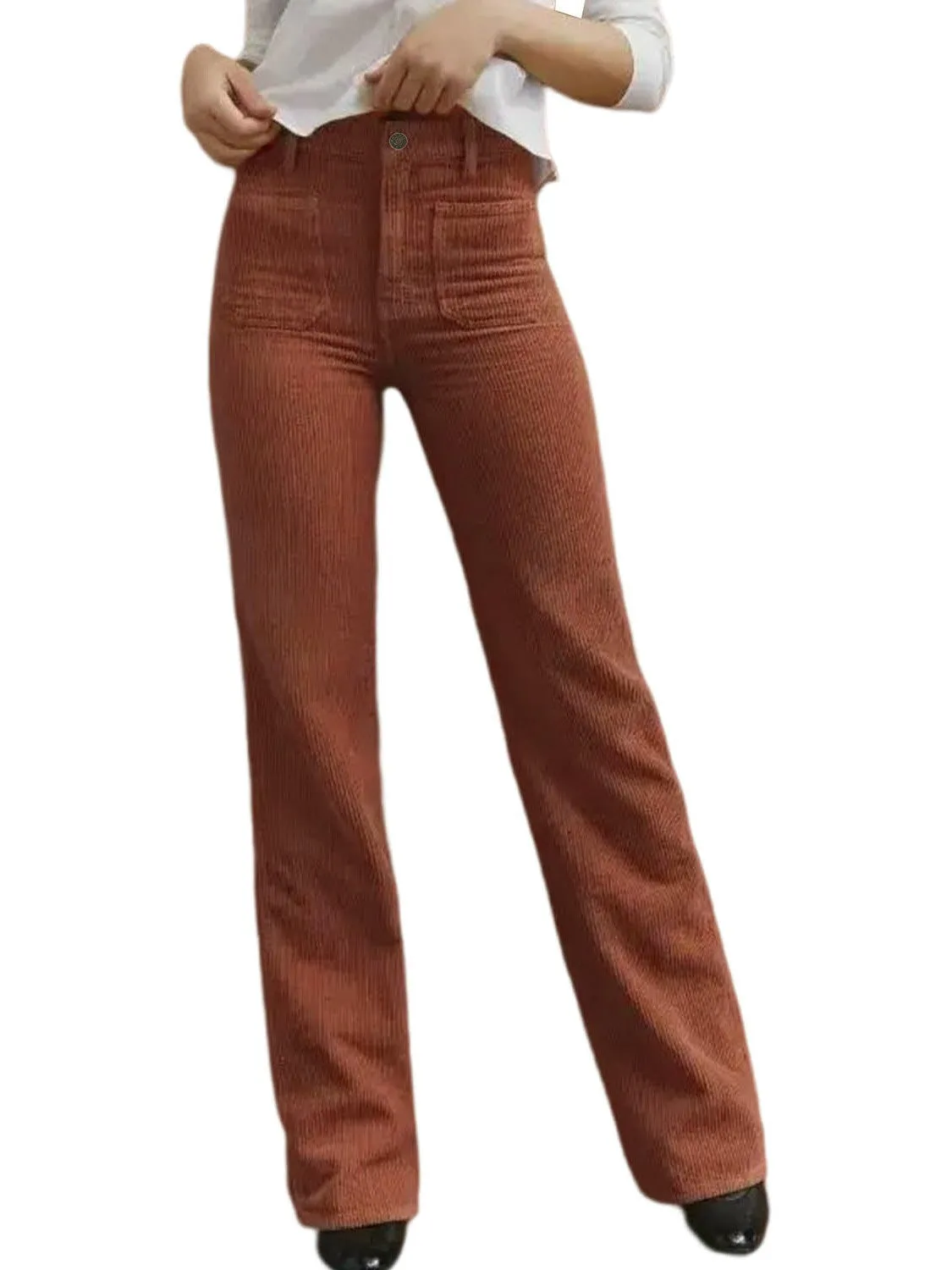 Brown High Waist Pockets Corduroy Flare Leg Pants