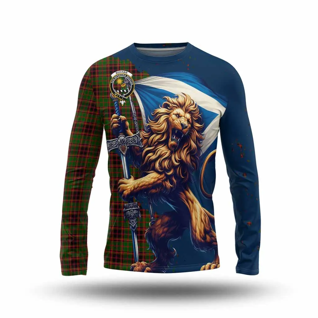 Buchan Tartan Family Crest Long Sleeve T-Shirt with Scottish Majestic Lion