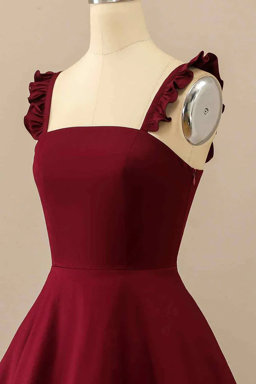 Burgundy A-line Ruffle Straps Satin Mini Homecoming Dress       fg3452