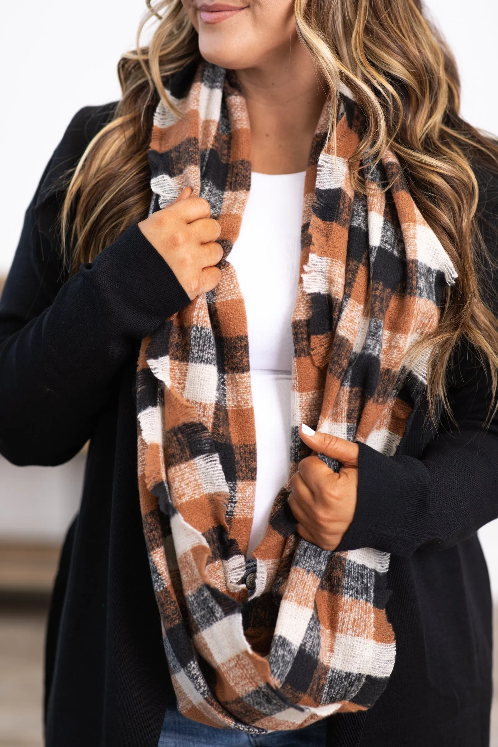 Burnt Orange Plaid Fringe Trim Infinity Scarf