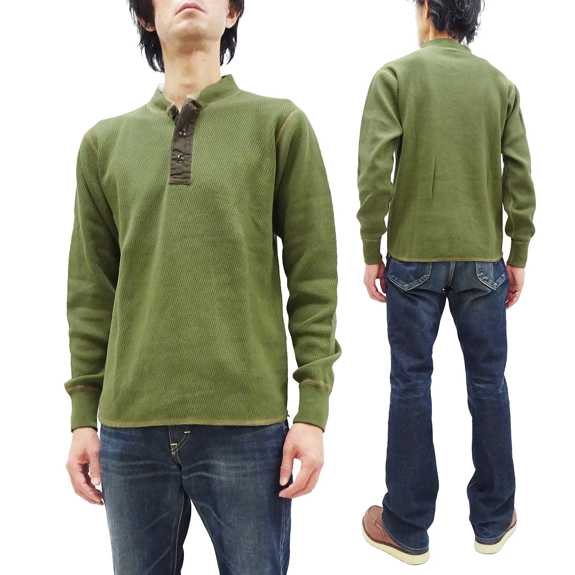 Buzz Rickson Waffle-Knit Thermal Henley T-Shirt Men's Long Sleeve Plain 3-Button Placket Heavyweight Thermal Tee BR68130 149 Olive