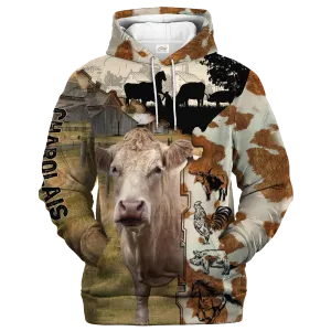 Charolais Fur Pattern On The Farm Hoodie, Cute Cow Hoodie 3D All Over Print