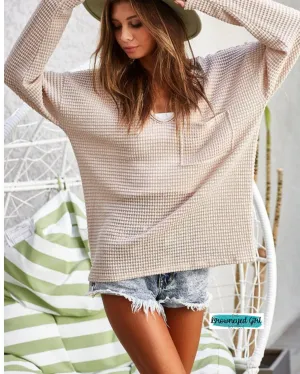 Cream Waffle Knit V-neck Pocket Top