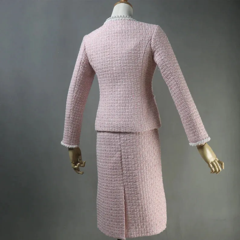 Custom Made Light Pink Pearls Decoration Tweed Jacket   Long / Short Skirt / Trousers Pants Shorts Pink Suit For Ladies