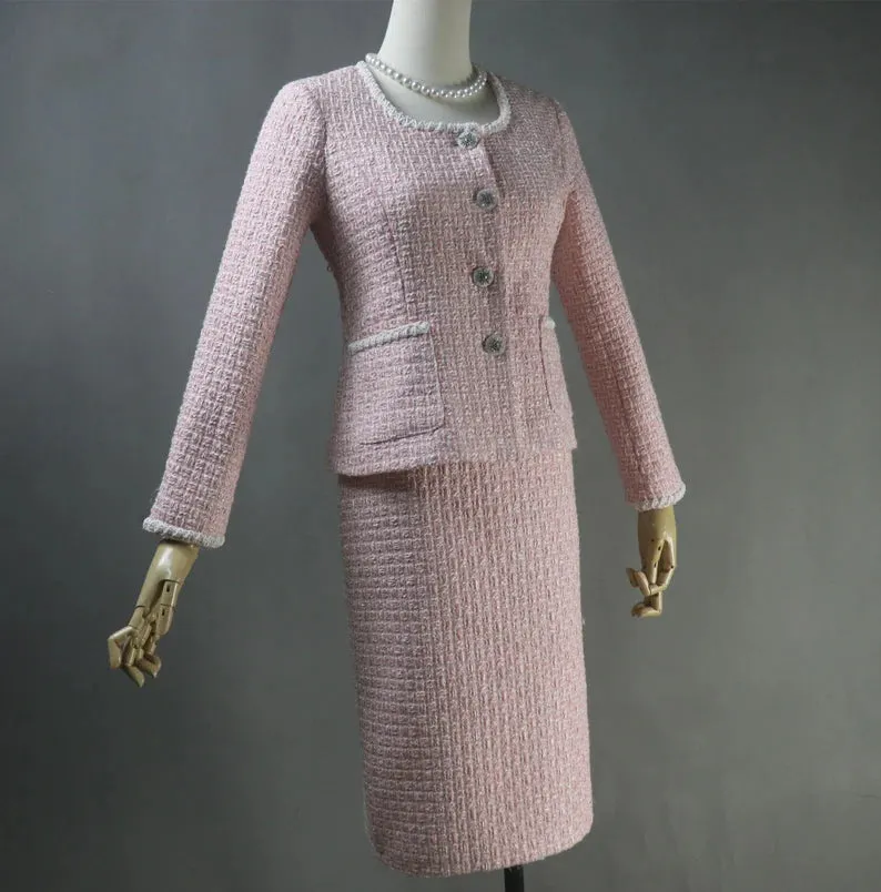 Custom Made Light Pink Pearls Decoration Tweed Jacket   Long / Short Skirt / Trousers Pants Shorts Pink Suit For Ladies