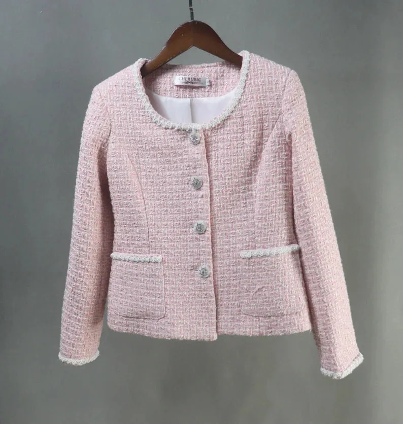 Custom Made Light Pink Pearls Decoration Tweed Jacket   Long / Short Skirt / Trousers Pants Shorts Pink Suit For Ladies