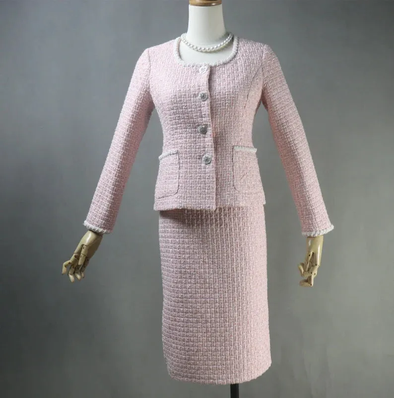 Custom Made Light Pink Pearls Decoration Tweed Jacket   Long / Short Skirt / Trousers Pants Shorts Pink Suit For Ladies