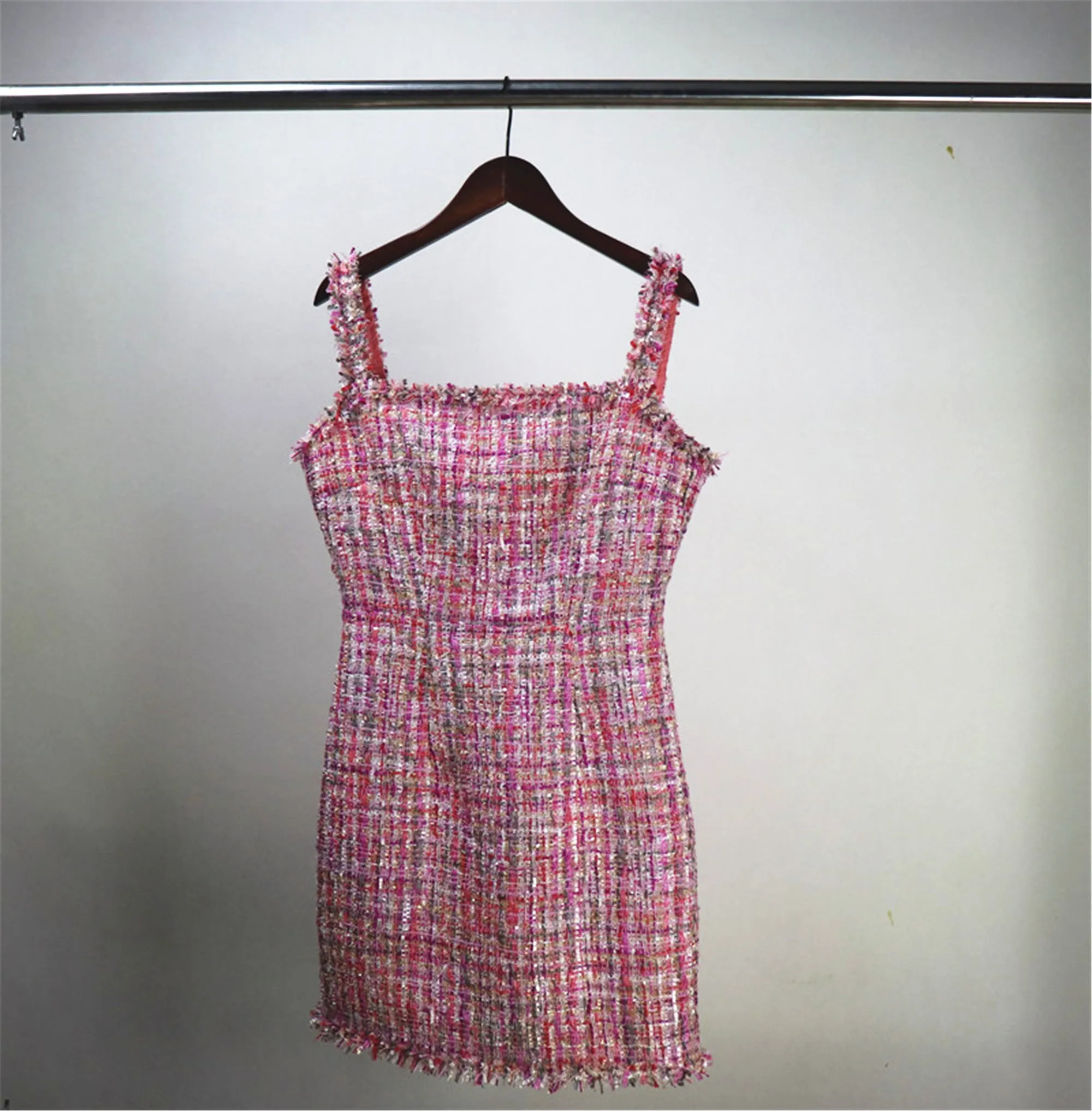 Custom Made Pink Multicolour Tweed Mini/ Midi/ Long Dress for Women