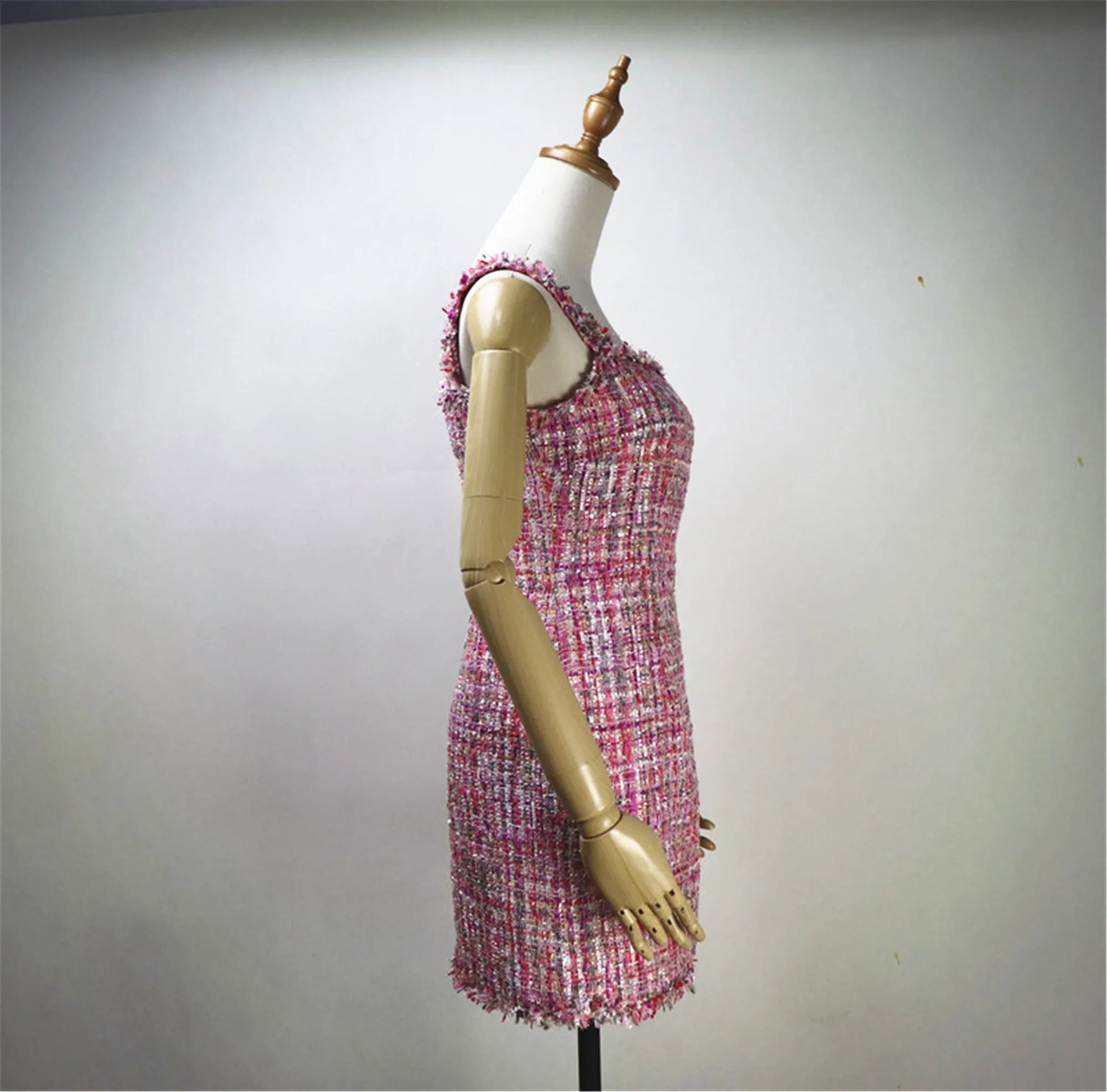 Custom Made Pink Multicolour Tweed Mini/ Midi/ Long Dress for Women