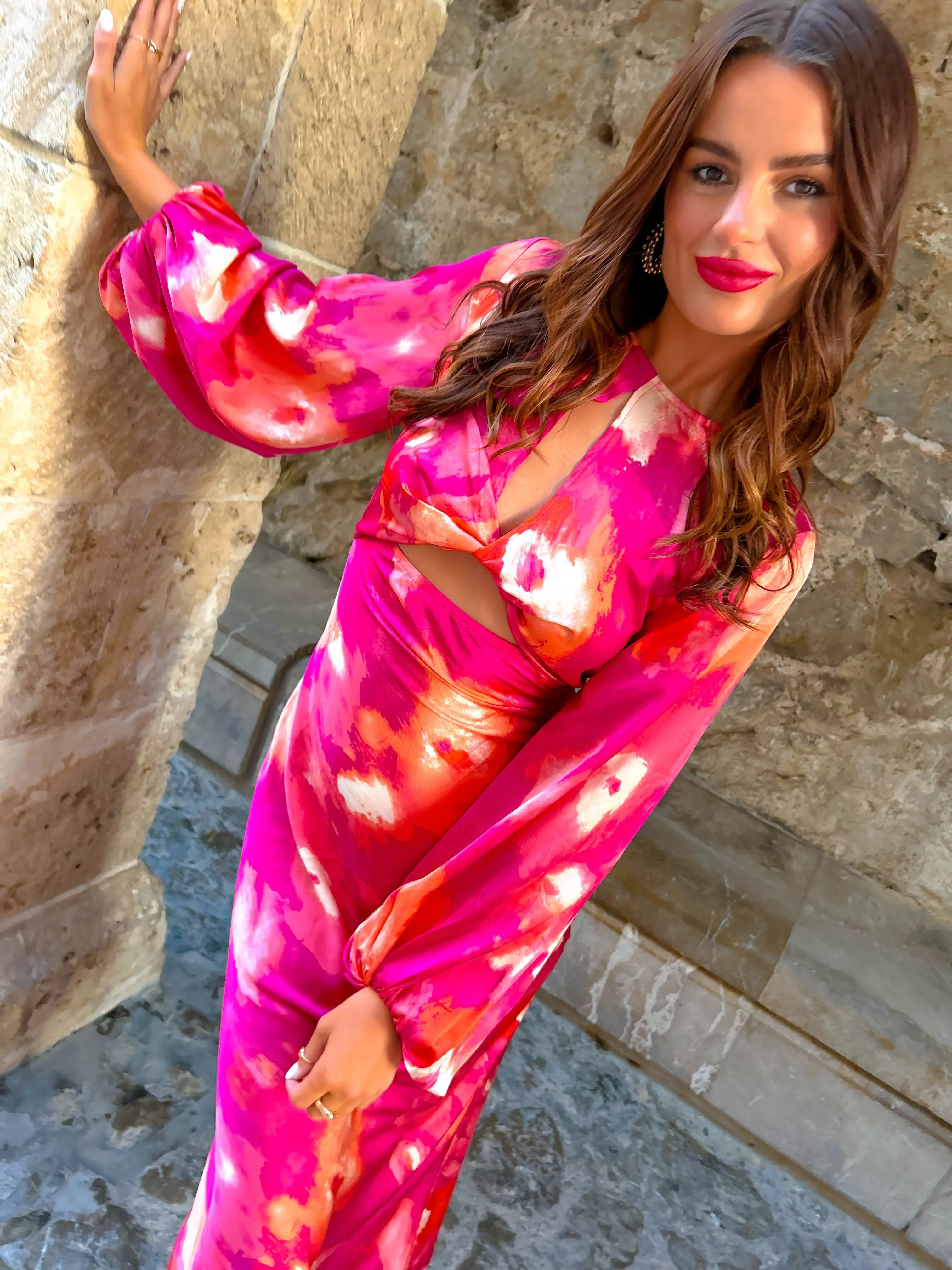 Cut Them Out - Pink Orange Floral Print Cut Out Maxi Dress