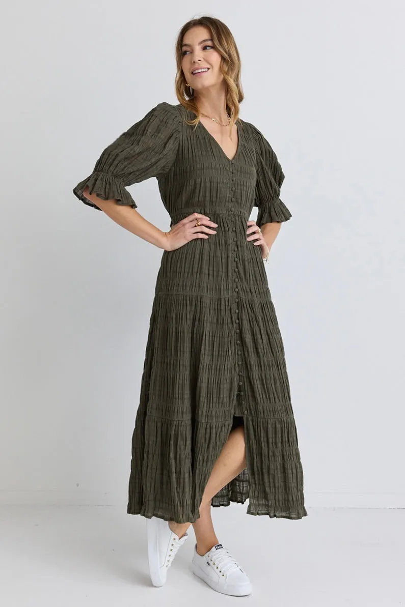 Dreamy Khaki Bubble SS Button Front Tiered Maxi Dress