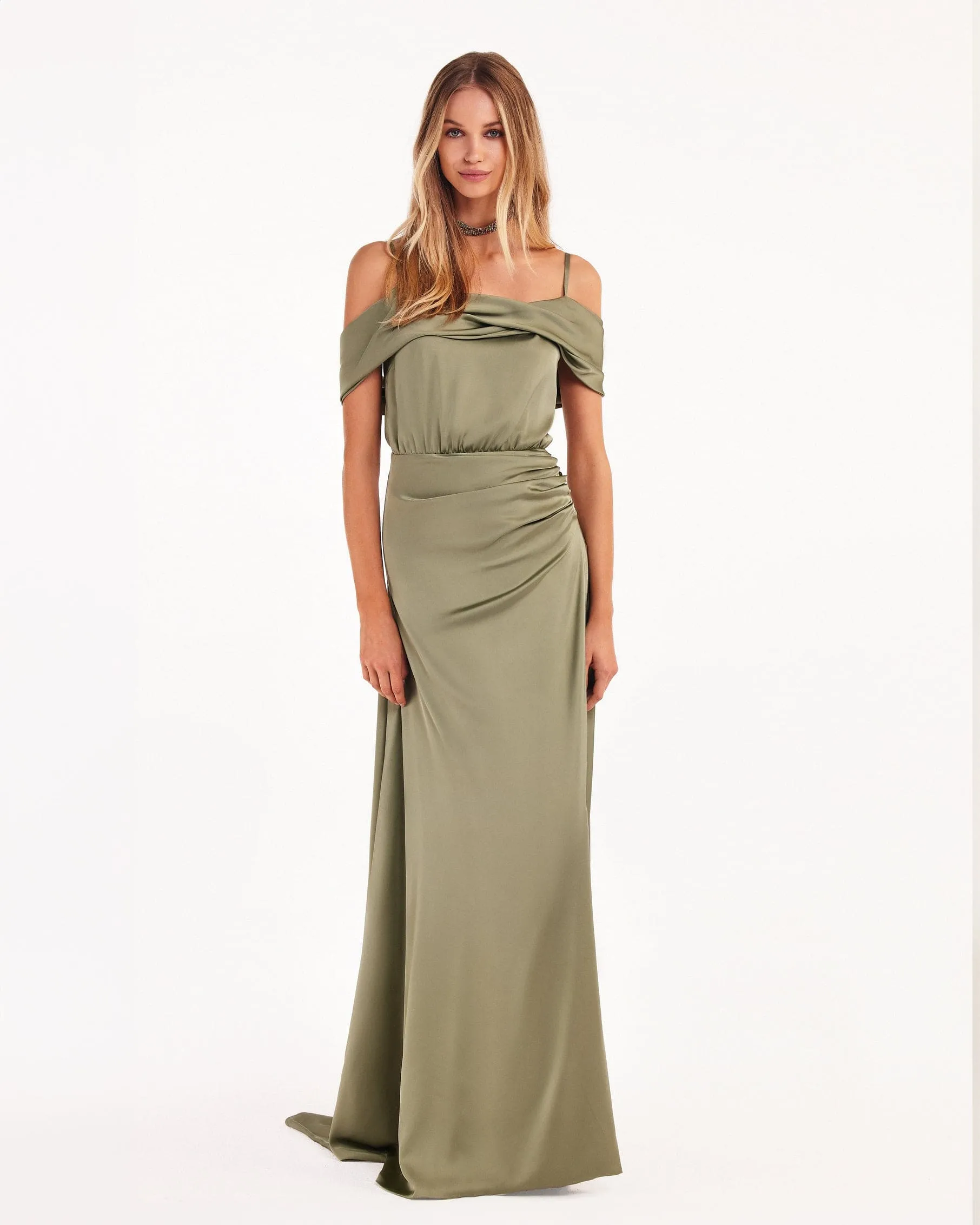 Elegant olive off-the-shoulder silk maxi dress