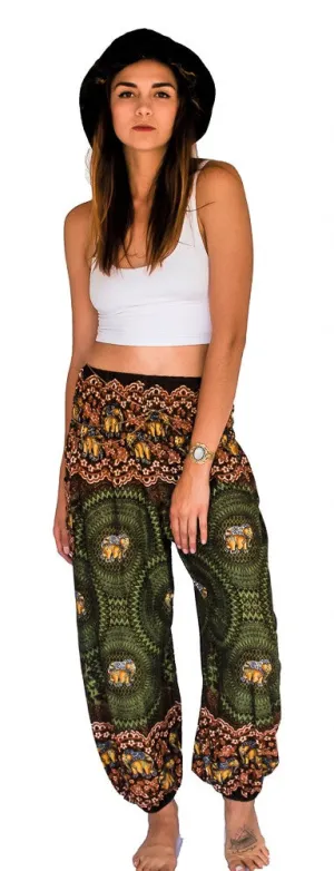 Elephant Design  Straight Leg Harem Pants in Green