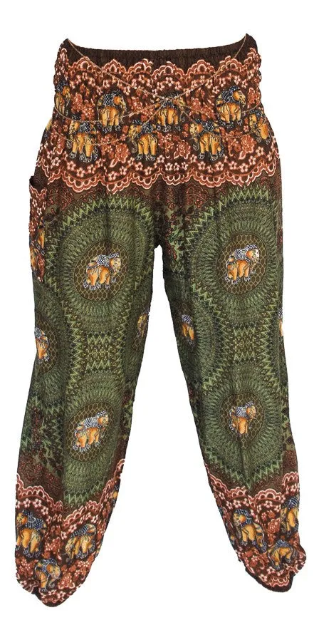 Elephant Design  Straight Leg Harem Pants in Green