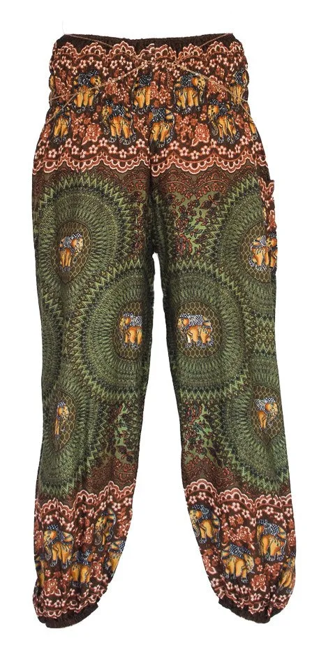 Elephant Design  Straight Leg Harem Pants in Green