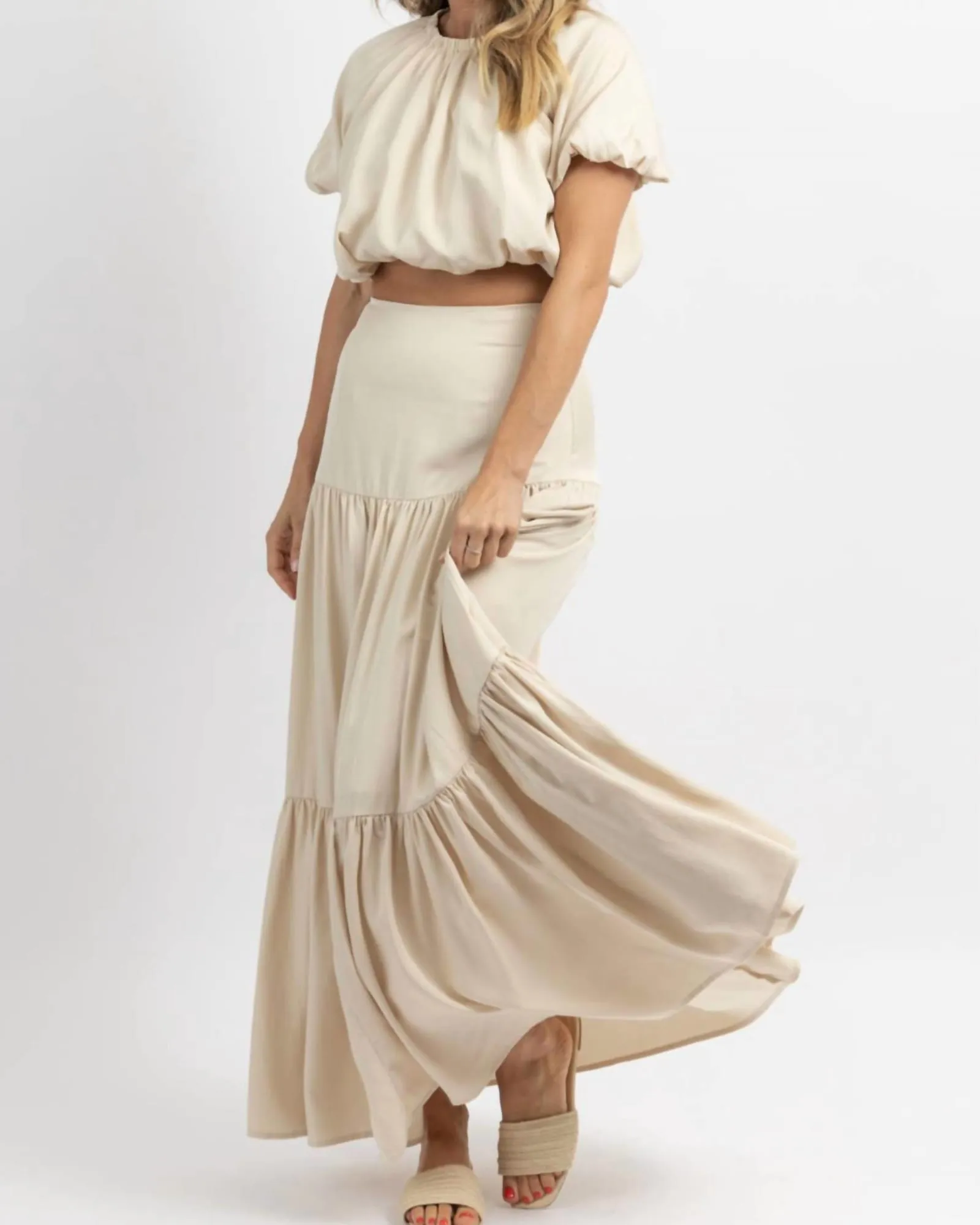 European Summer Puff Sleeve Maxi Set In Beige | Beige