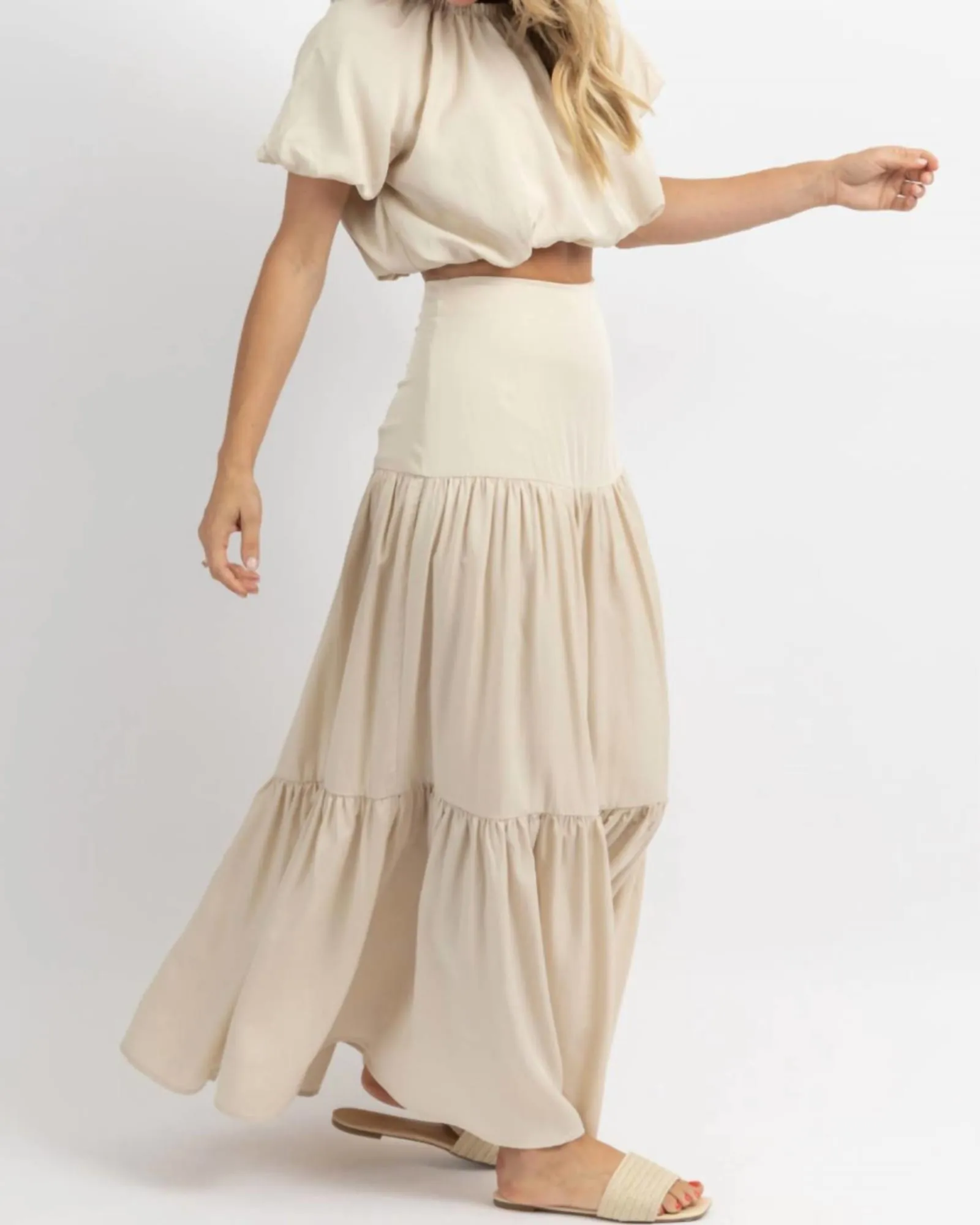 European Summer Puff Sleeve Maxi Set In Beige | Beige