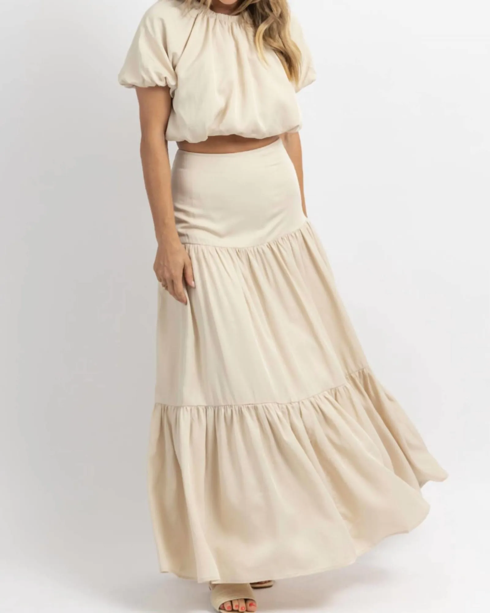 European Summer Puff Sleeve Maxi Set In Beige | Beige