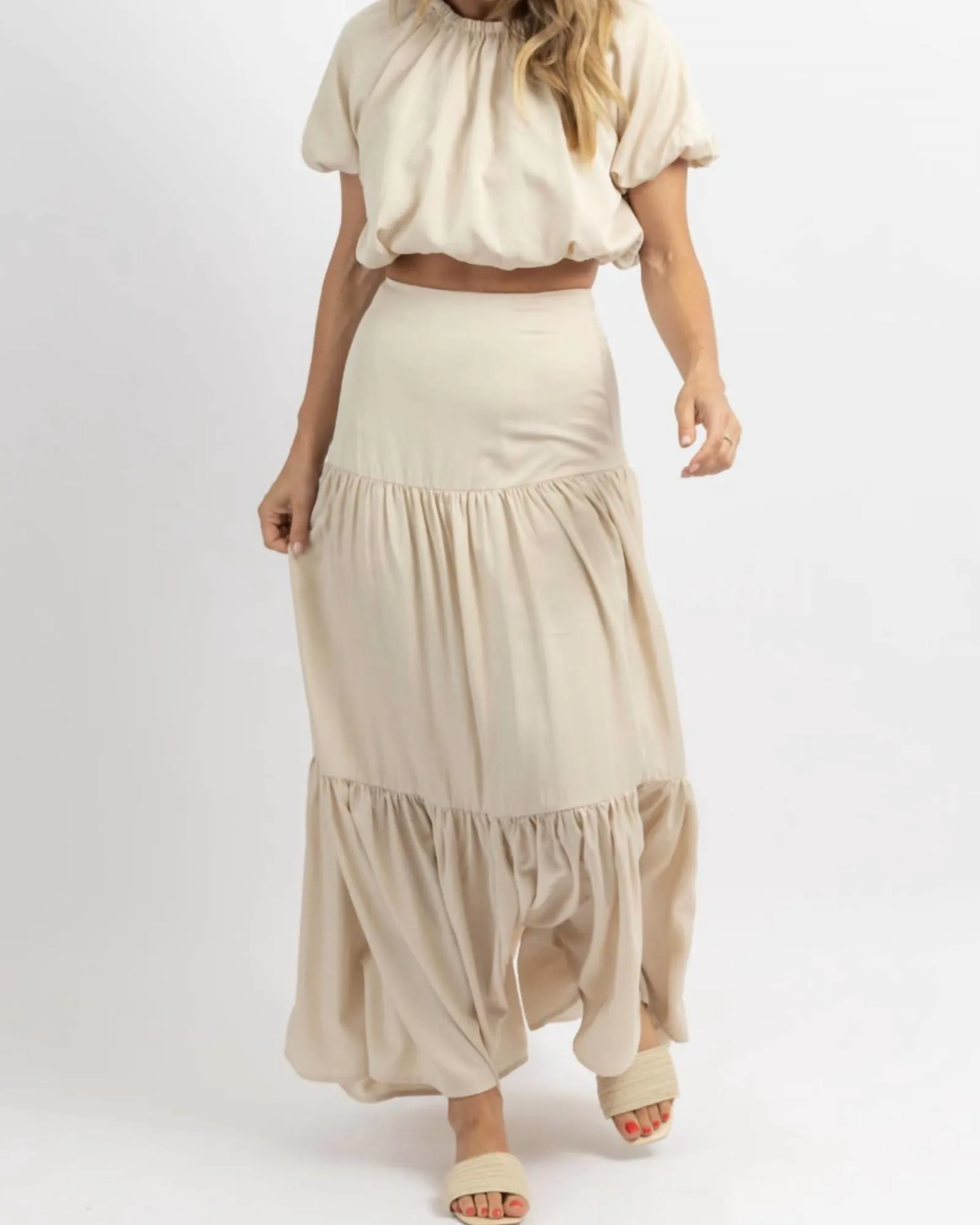 European Summer Puff Sleeve Maxi Set In Beige | Beige