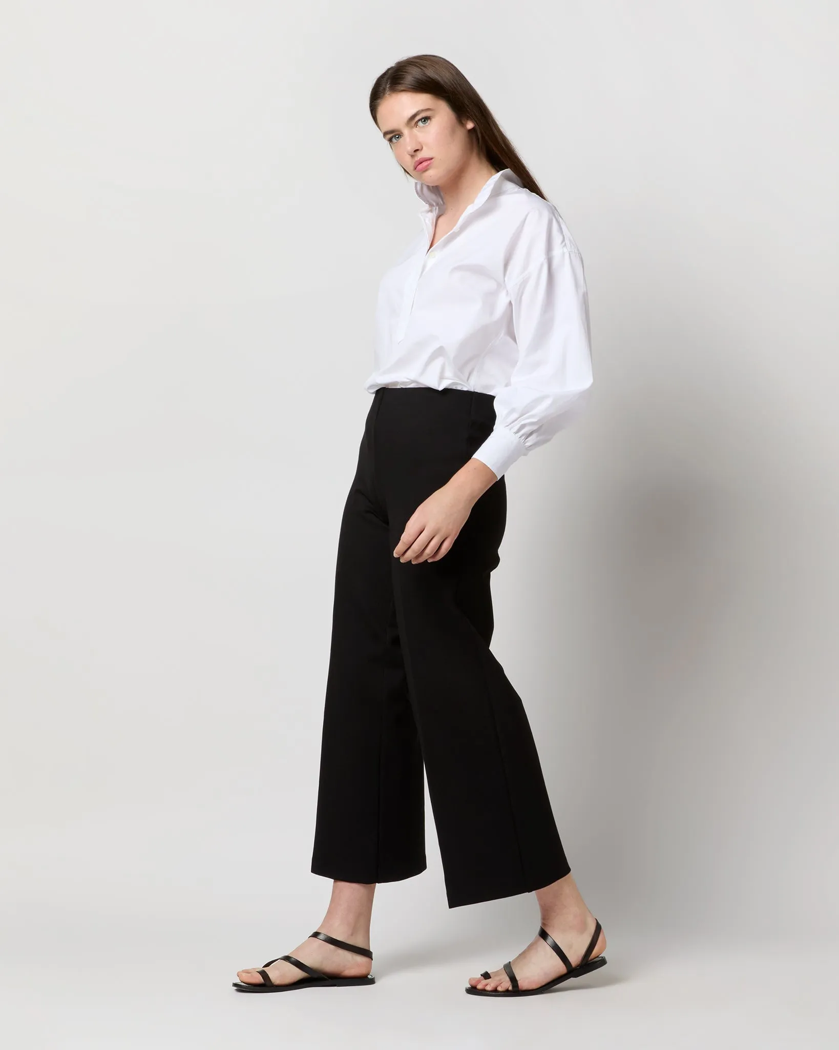 Faye Wide-Leg Cropped Pant in Black Ponte Knit