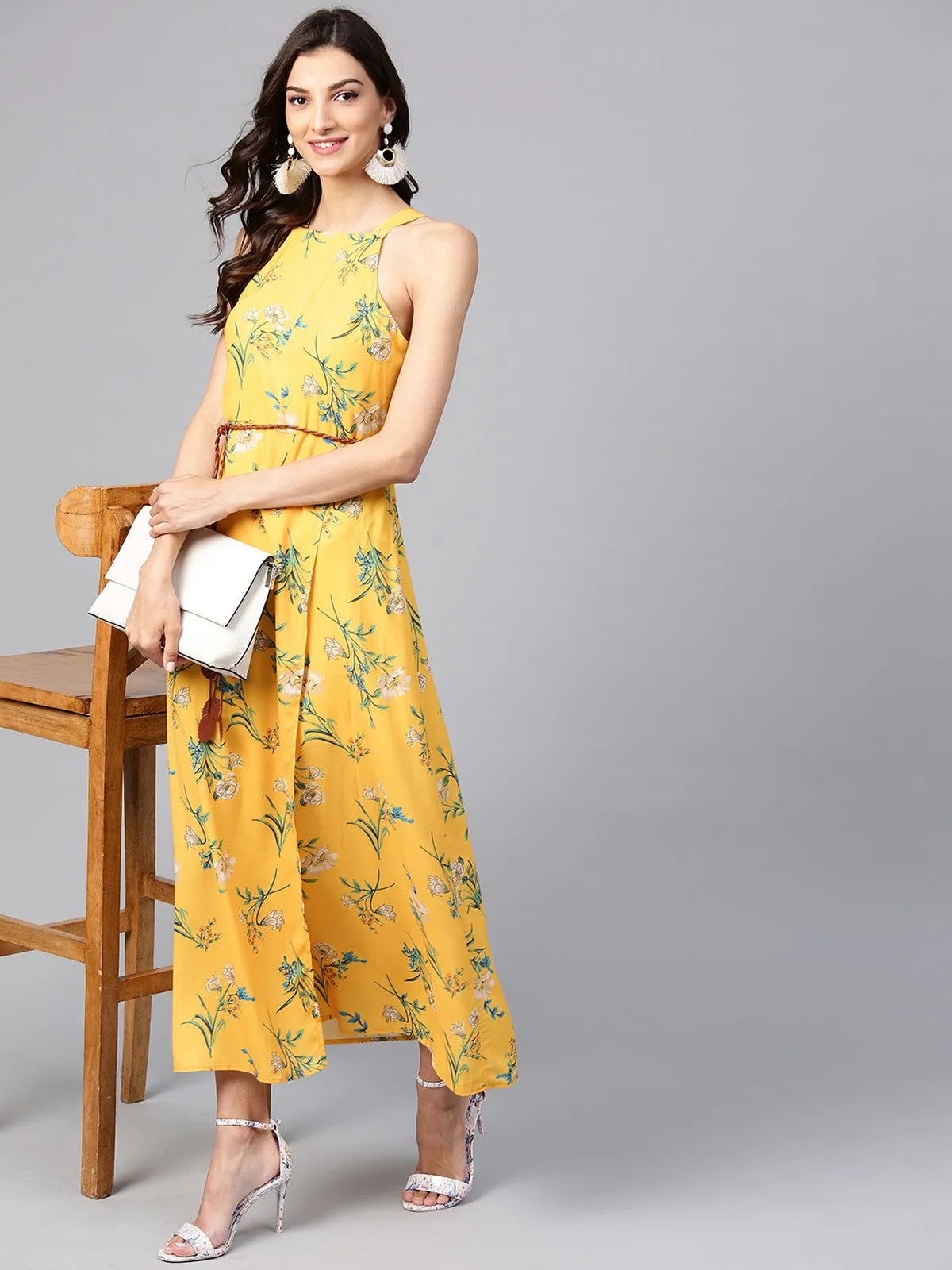 Floral Strappy In-cut Maxi Dress With Belt