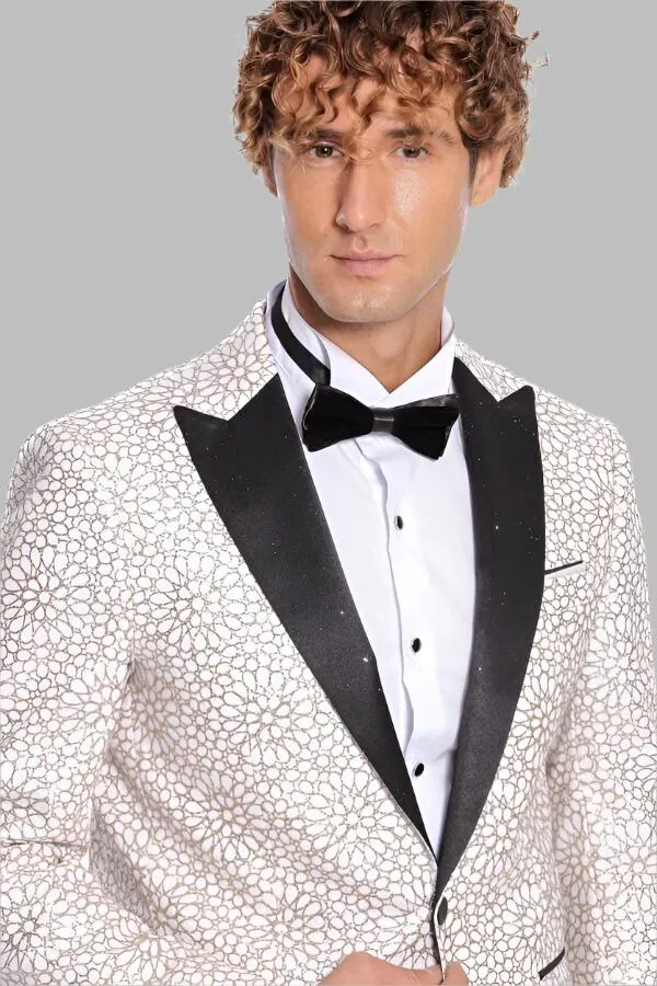 Flower Embroidered Pattern White Men Wedding Tuxedo Jacket - Wessi