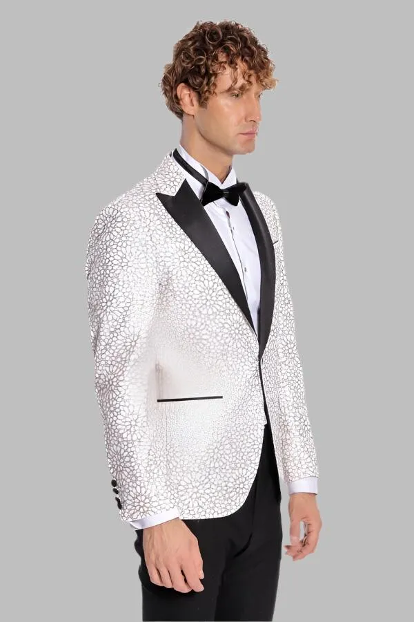 Flower Embroidered Pattern White Men Wedding Tuxedo Jacket - Wessi