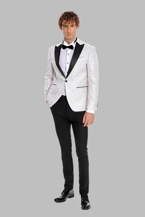 Flower Embroidered Pattern White Men Wedding Tuxedo Jacket - Wessi