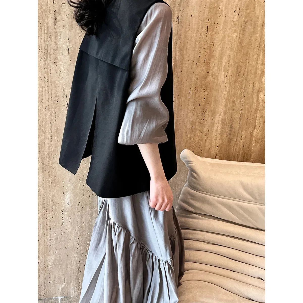 Flytonn-Fall Outfits Women Outwear Streetwear -Spring New Back Split Suit Vest Women's Black Gray Jacket Simple Top