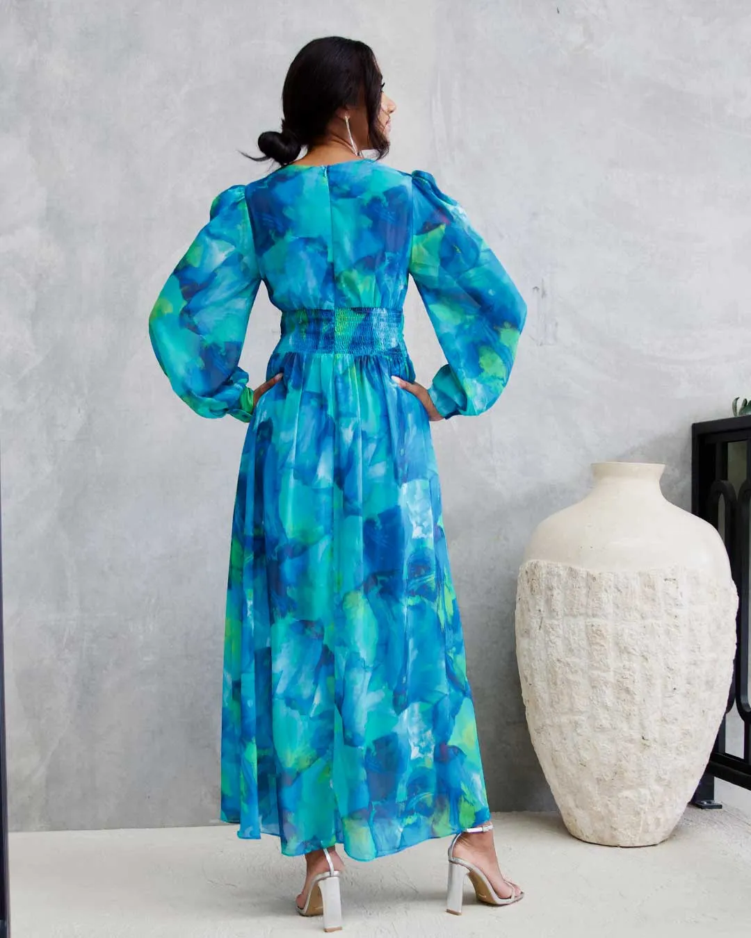 Georgie Chiffon Maxi Dress - Green/Blue Print