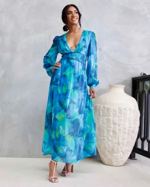 Georgie Chiffon Maxi Dress - Green/Blue Print