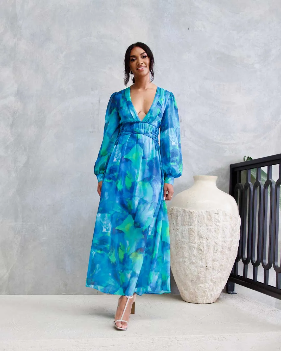 Georgie Chiffon Maxi Dress - Green/Blue Print