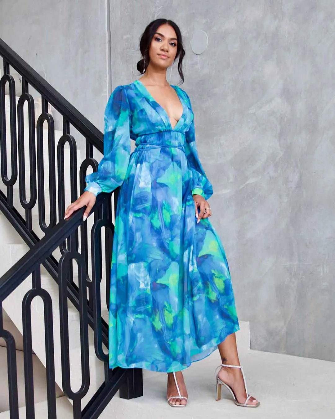 Georgie Chiffon Maxi Dress - Green/Blue Print