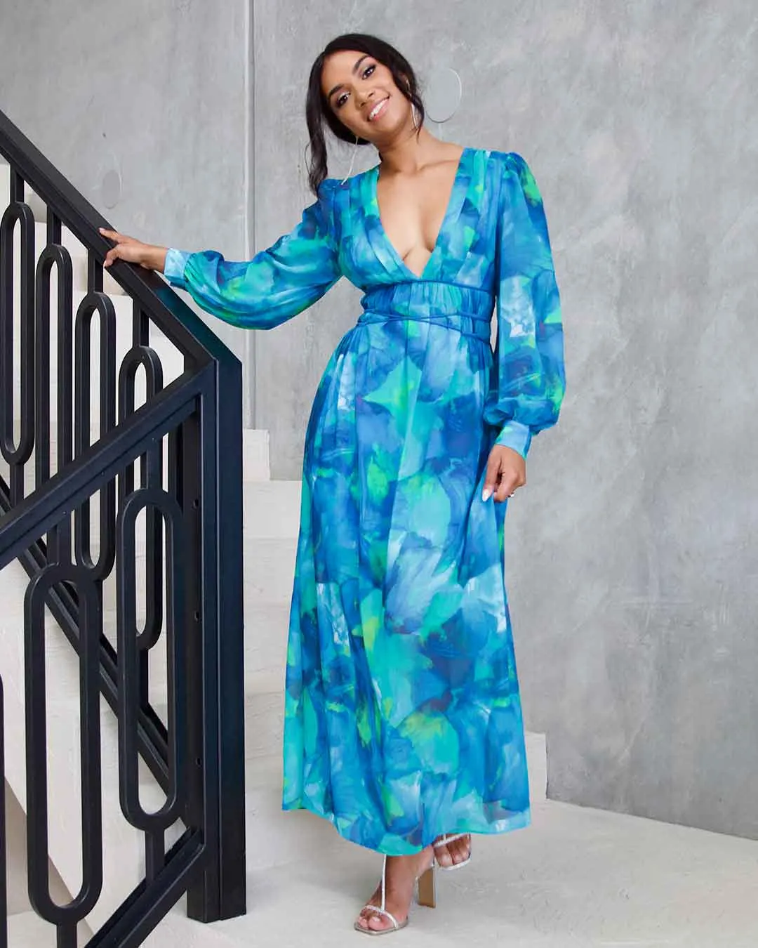 Georgie Chiffon Maxi Dress - Green/Blue Print