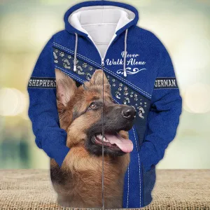 German Shepherd Love Never Walk Alone Blue 3D Full Print Shirts, Shirt For Dog Lovers, Dog Memorial Gifts for loss of Dog