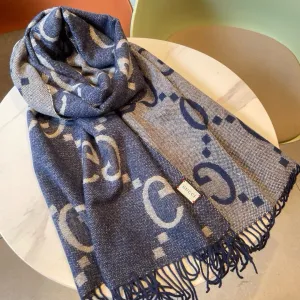 GG JACQUARD PATTERN KNIT SCARF 195 CM WITH TASSELS NAVY BLUE 403747