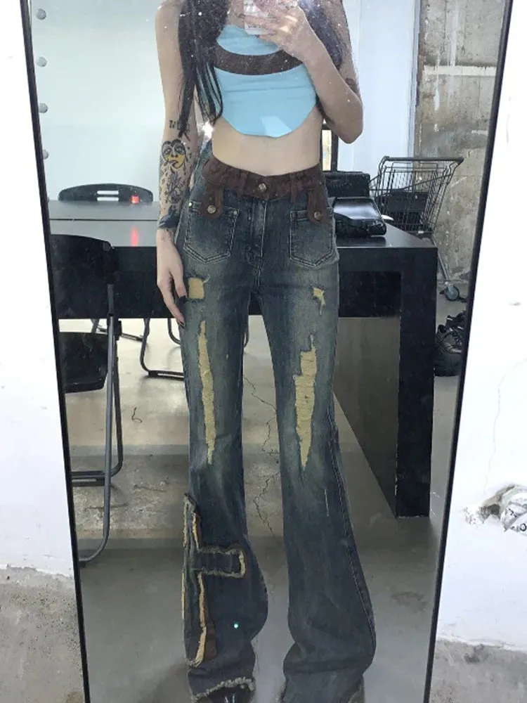 Girlary Women's Y2k Flare Ripped Jeans Harajuku Korean Baggy Denim Trousers Japanese 2000s Style Jean Pants Vintage Trashy Clothes 2024