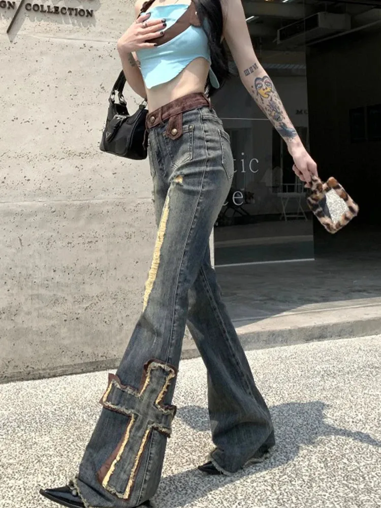 Girlary Women's Y2k Flare Ripped Jeans Harajuku Korean Baggy Denim Trousers Japanese 2000s Style Jean Pants Vintage Trashy Clothes 2024