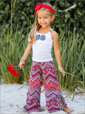 Girls Floral Trimmed Racerback Tank And Ruffled Palazzo Pants Set