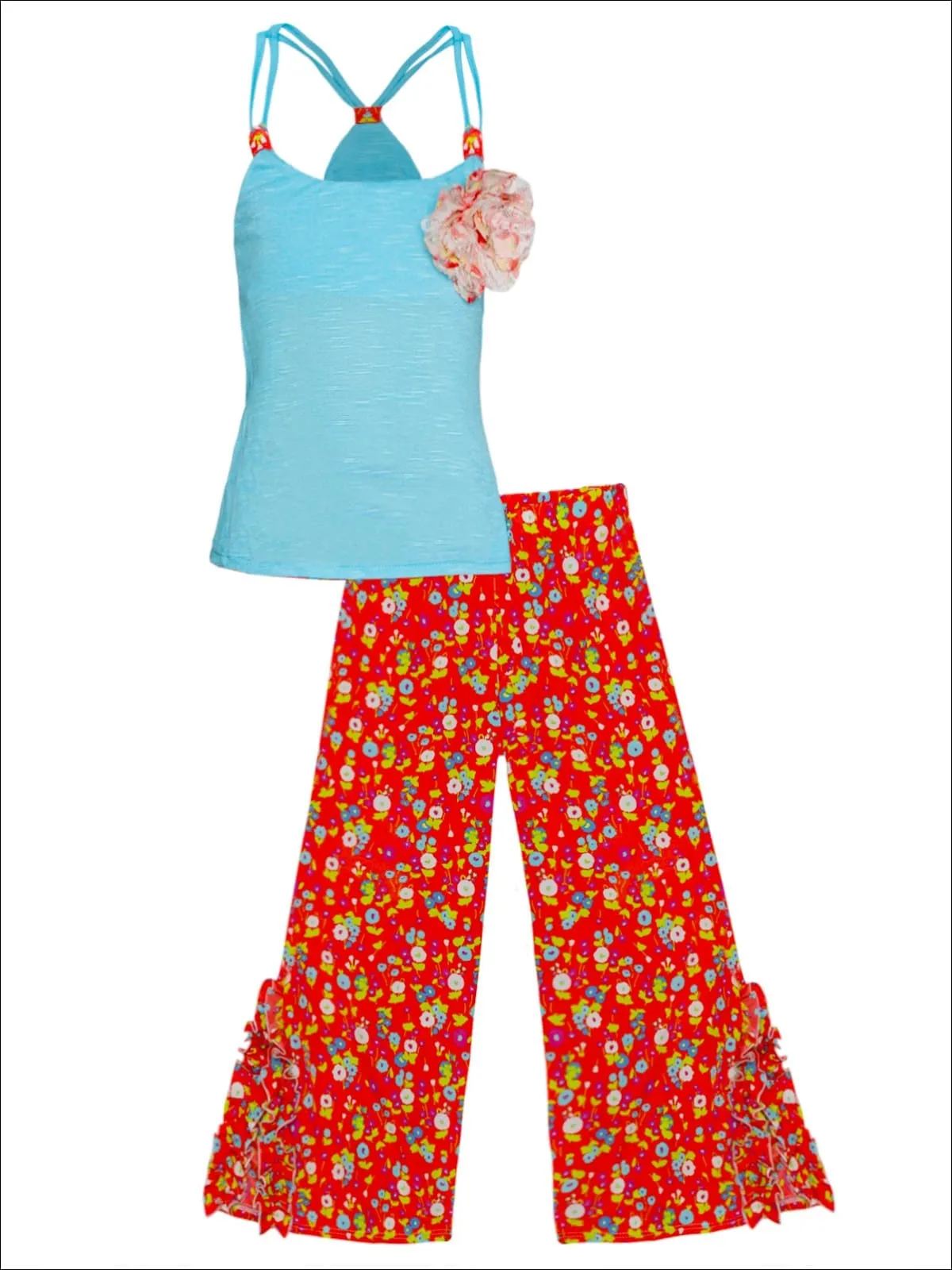 Girls Floral Trimmed Racerback Tank And Ruffled Palazzo Pants Set