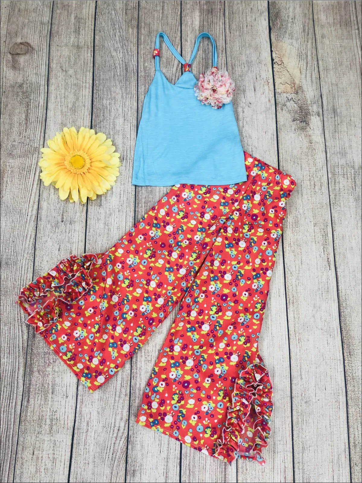 Girls Floral Trimmed Racerback Tank And Ruffled Palazzo Pants Set