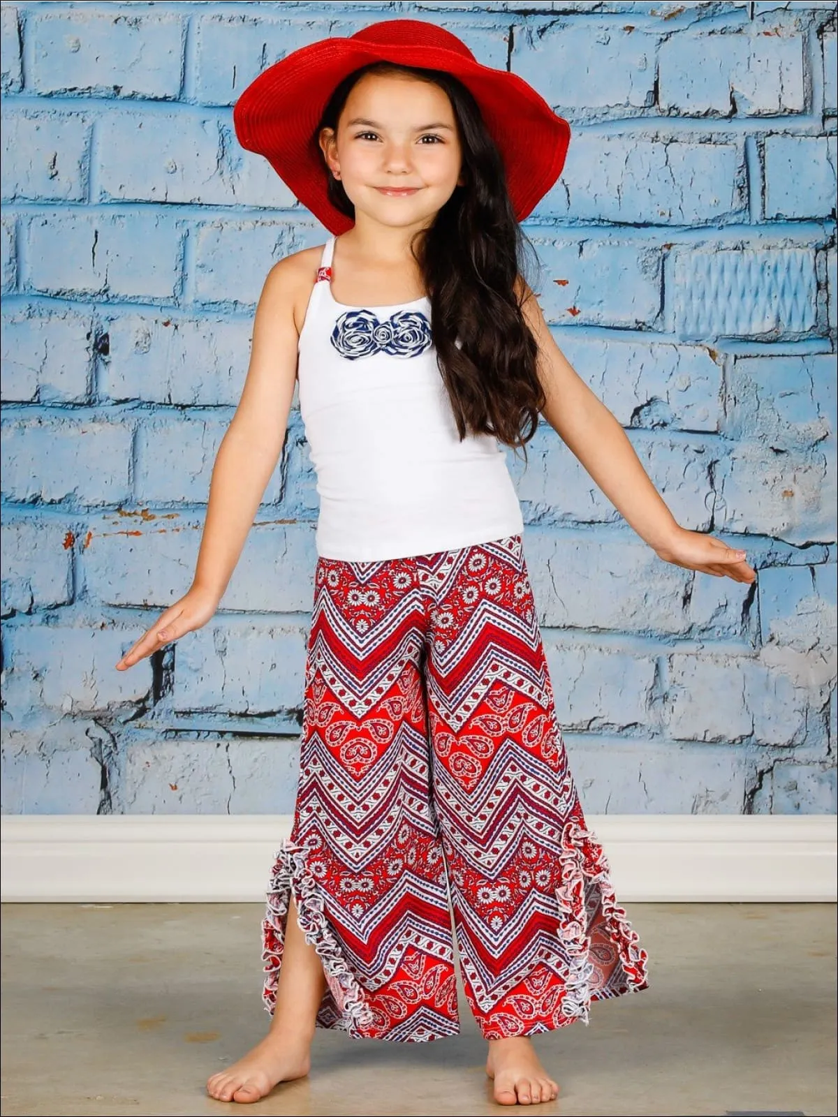 Girls Floral Trimmed Racerback Tank And Ruffled Palazzo Pants Set