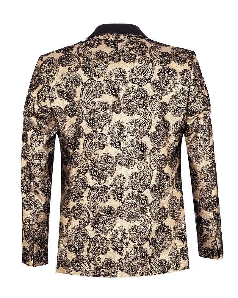 Gold & Black Paisley Velvet Design Blazer with Contrasting Lapel & Matching Bow Tie