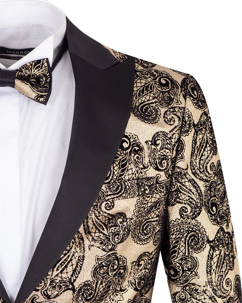 Gold & Black Paisley Velvet Design Blazer with Contrasting Lapel & Matching Bow Tie