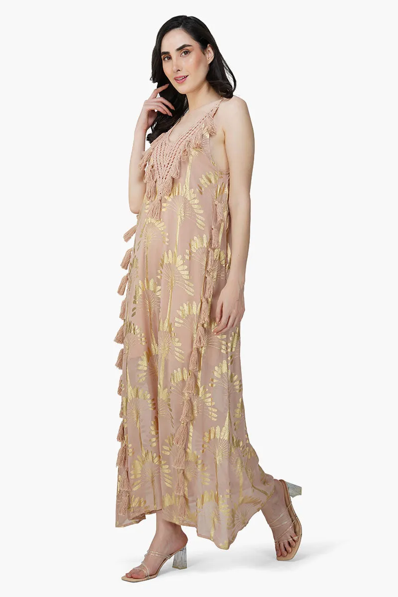 Golden Taupe Foil Printed Strap Maxi Dress