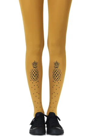 Gorgeous Black Pineapple Print 120 Denier Opaque Mustard Yellow Tights