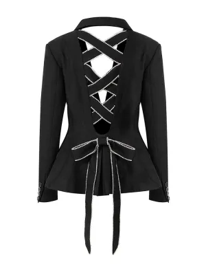 HEYFANCYSTYLE Elegant Chic Black Bow Rhinestones Blazer