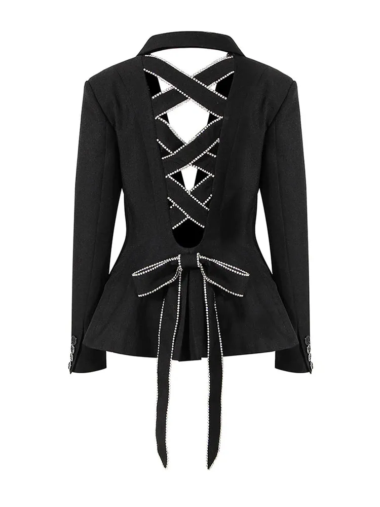 HEYFANCYSTYLE Elegant Chic Black Bow Rhinestones Blazer