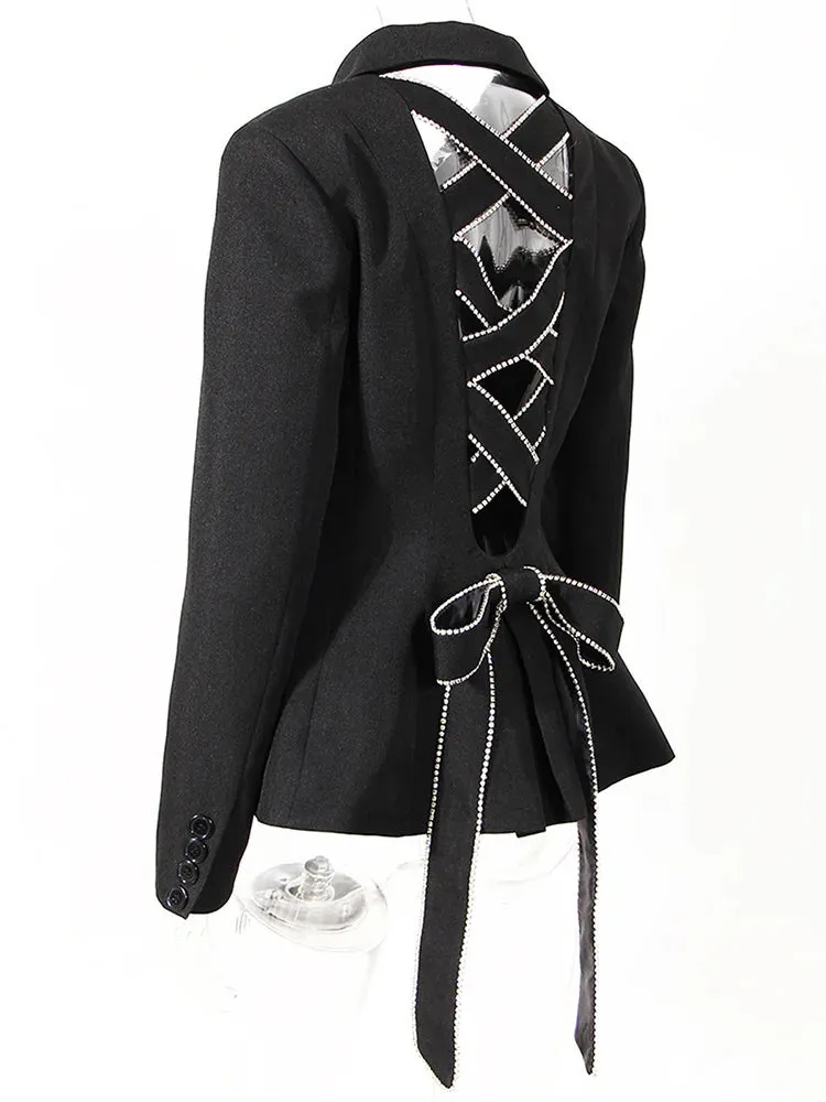 HEYFANCYSTYLE Elegant Chic Black Bow Rhinestones Blazer