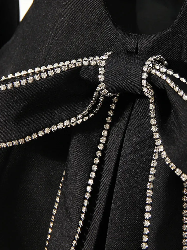 HEYFANCYSTYLE Elegant Chic Black Bow Rhinestones Blazer